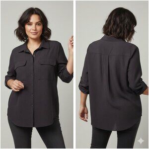 CASA CABANA "Izzie" Seersucker Roll Tab Sleeve Button Up Blouse Black Women L
